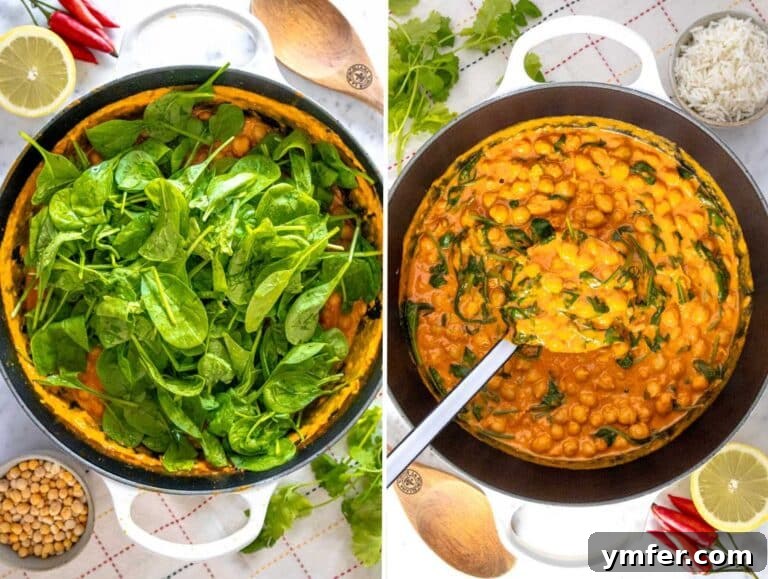 Creamy Coconut Chickpea Curry 11 Step 3 Adding spinach to the curry and letting it wilt.