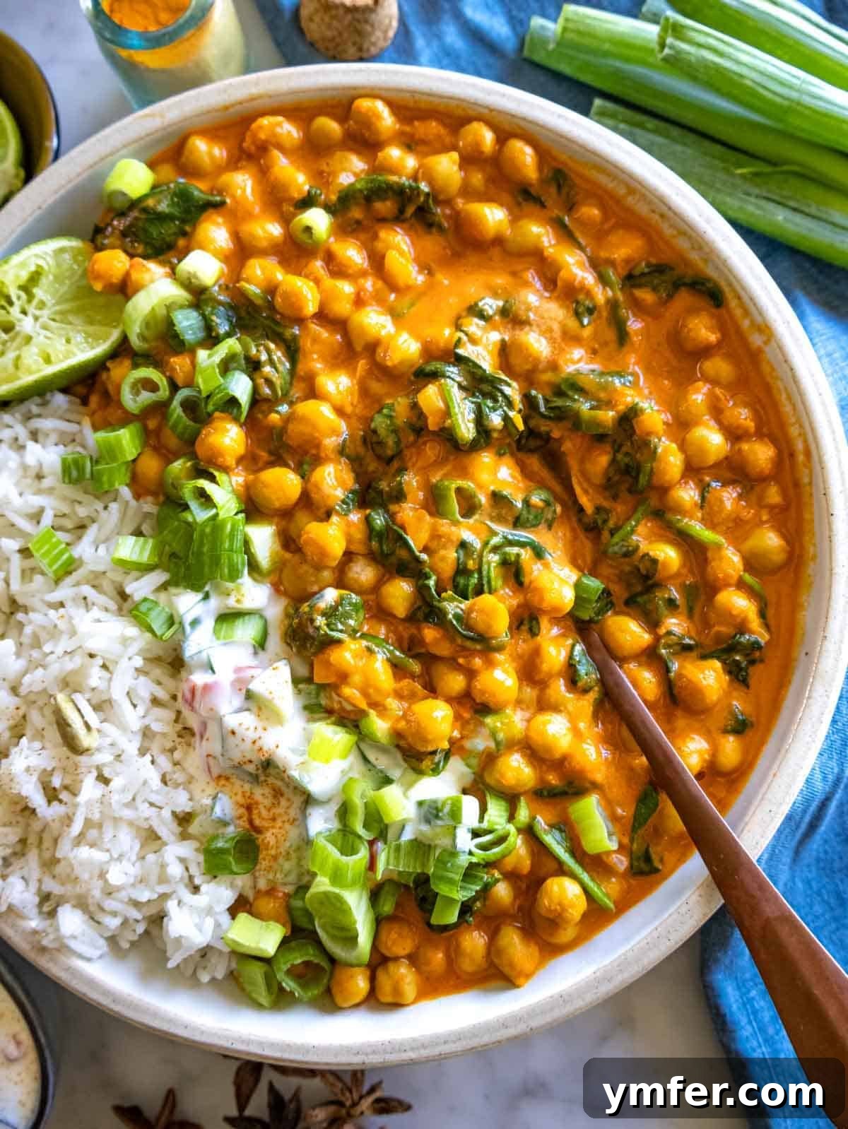 Creamy Coconut Chickpea Curry 4 Chickpea curry with basmati rice, spinach and lime.