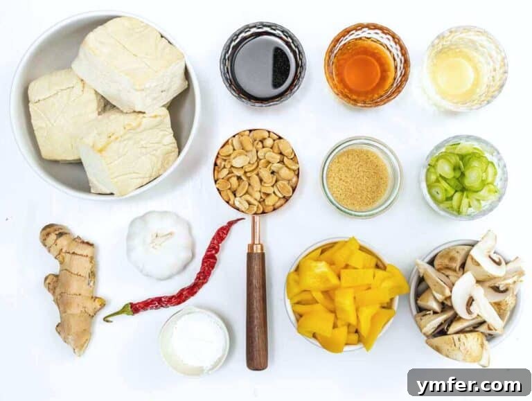 Kung Pao Tofu 13 Ingredients for the stir fry prepped on a table.