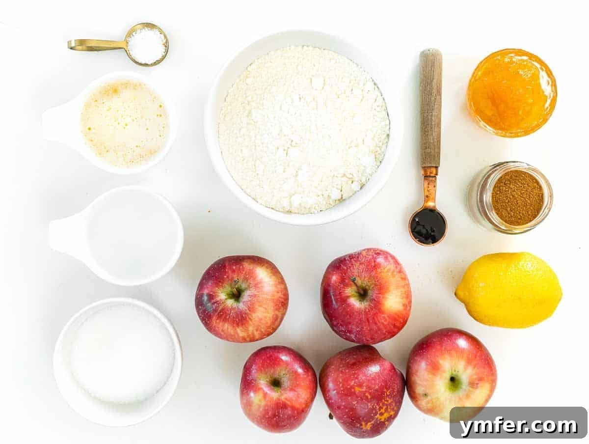 Ingredients for tart with fresh apples, ready for baking