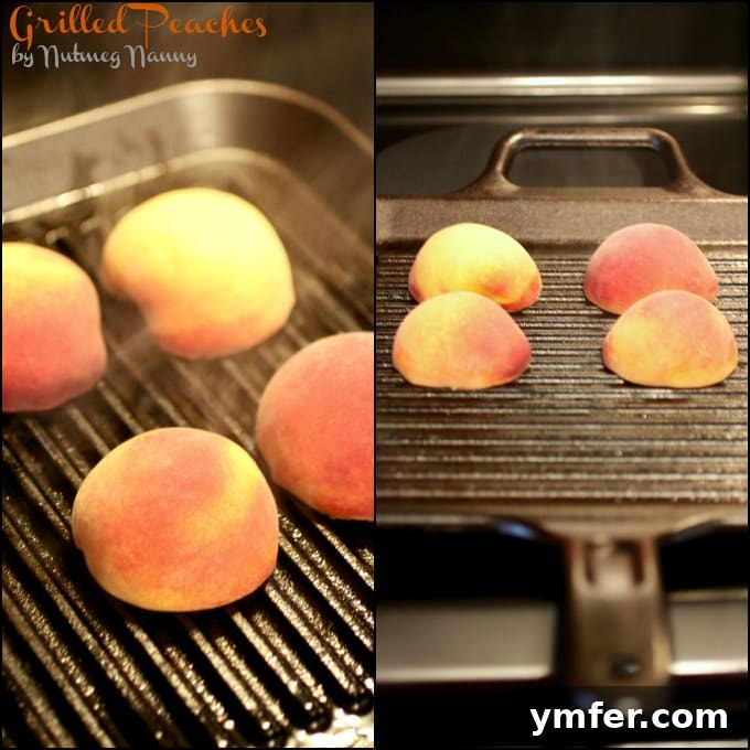 Grilled Peaches with Brown Sugar Sauce by Nutmeg Nanny Collage of grilled peaches, sauce ingredients, and the final dish