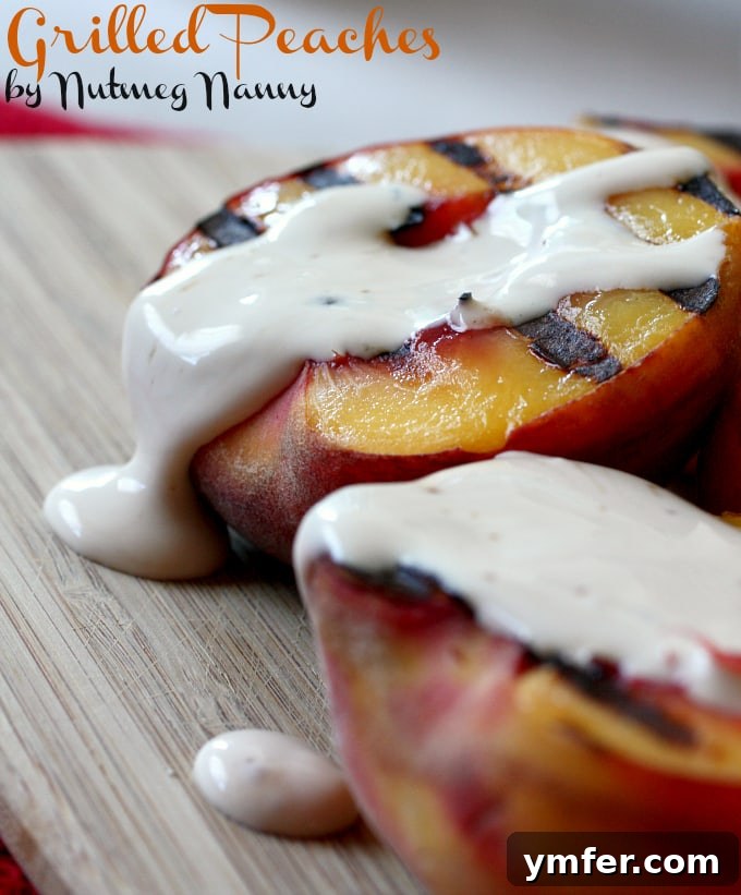 Grilled Peaches with Brown Sugar Sauce by Nutmeg Nanny Grilled peaches with a generous serving of brown sugar sour cream sauce on top