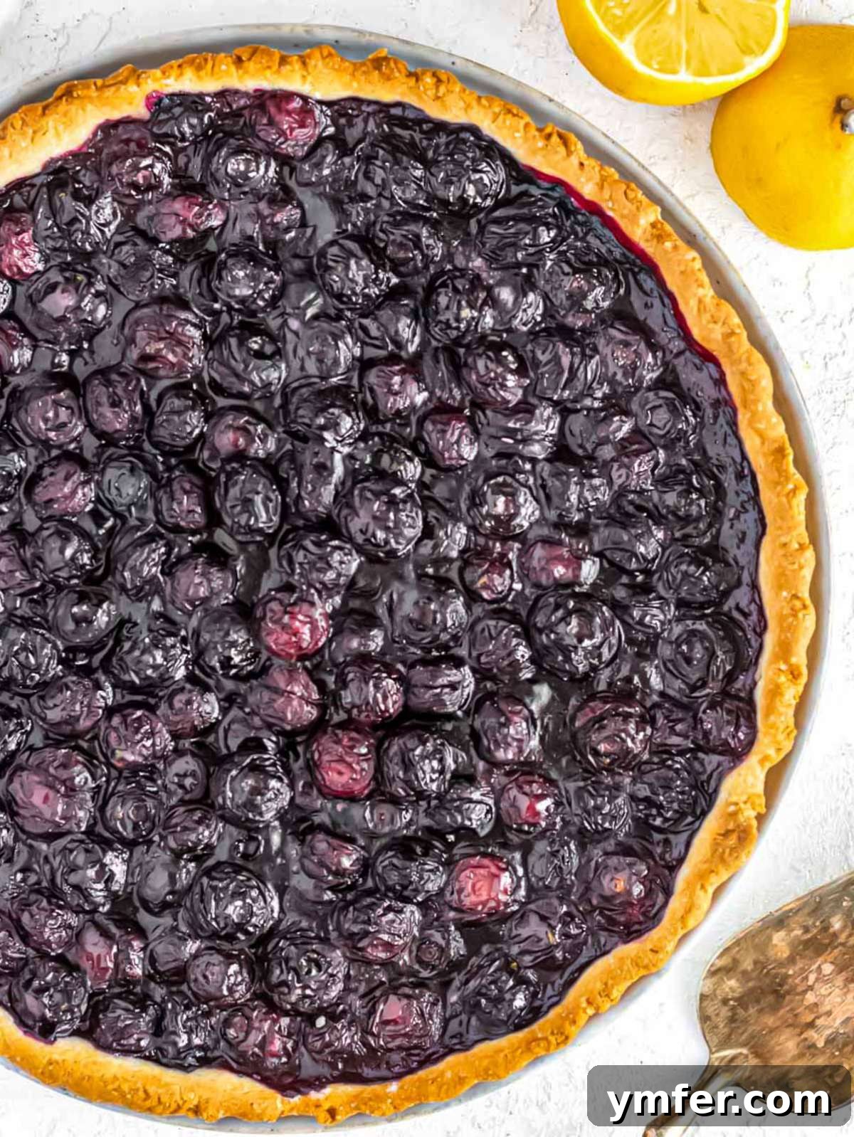 Easy blueberry tart top-down view, showcasing the golden crust and glistening blueberries.