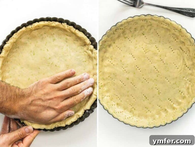 Shaping the crust in the tart pan.