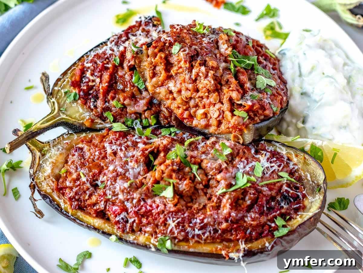40 Flavorful Plant-Based Dinners 8 Beautifully halved and stuffed eggplant on a plate, served with a side of tzatziki.