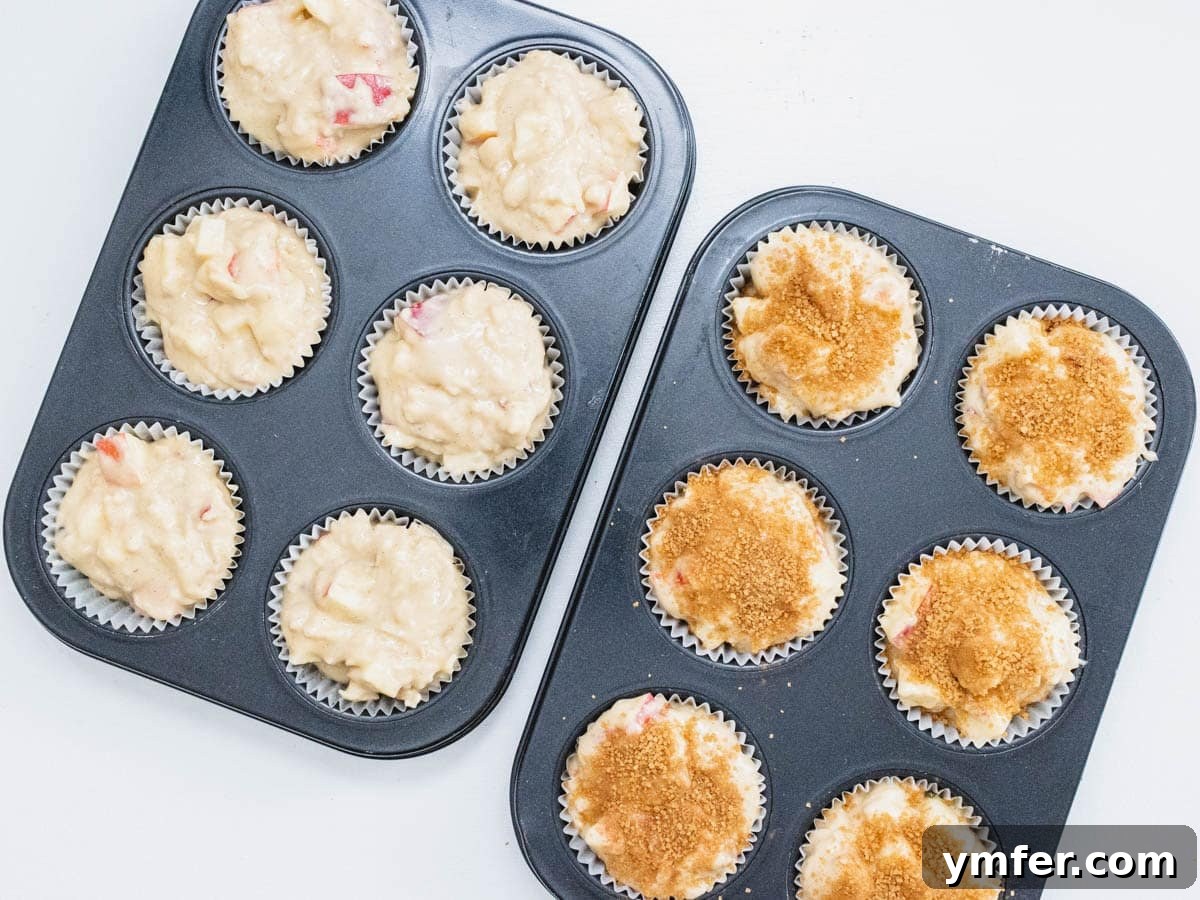 Cinnamon Apple Vegan Muffins 9 Muffin pan filled with batter and apples, topped with cinnamon sugar, ready for baking