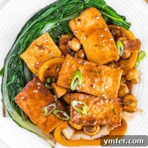 Umami Braised Tofu 15 braised tofu with bok choy on a plate.