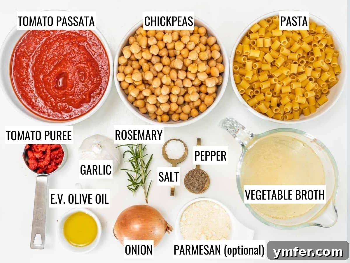 Hearty Chickpea Pasta 4 A flat lay photograph showcasing all the fresh ingredients required to make Pasta e Ceci.