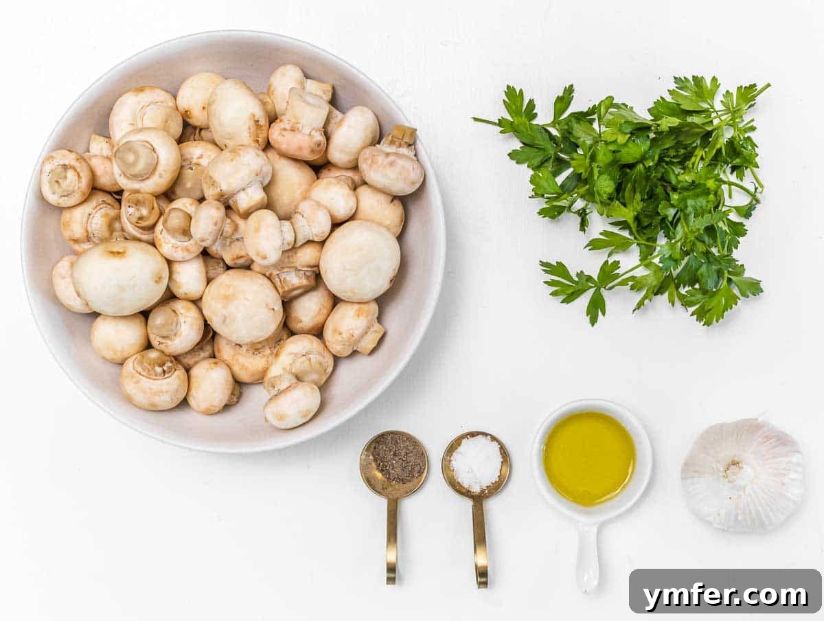 Crispy Air-Fried Mushrooms 4 Raw mushrooms, olive oil, garlic, salt, pepper, and parsley as ingredients for the recipe.