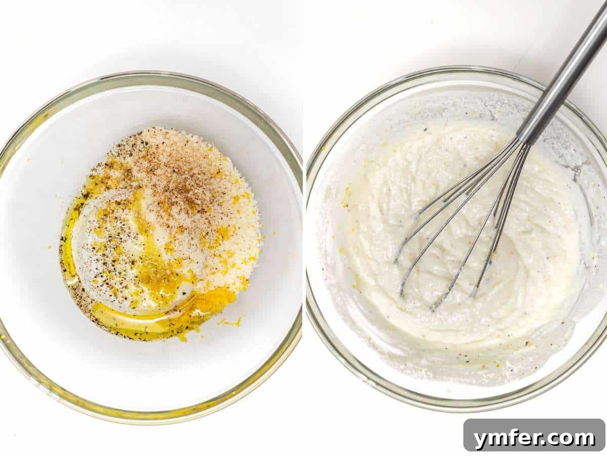 Zesty Lemon Ricotta Pasta 5 Ricotta cheese, Parmesan, lemon zest, olive oil, and seasonings in a bowl, ready to be whisked into a no-cook sauce.