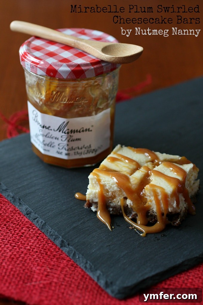 Gingersnap Plum Swirled Cheesecake Bars by Nutmeg Nanny Rich gingersnap plum swirled cheesecake bars featuring a golden plum preserve swirl and a spiced gingersnap crust, perfect for fall dessert tables.