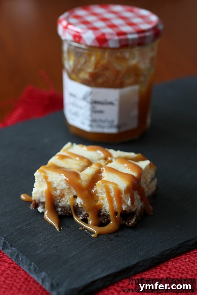 Gingersnap Plum Swirled Cheesecake Bars by Nutmeg Nanny A tray of gingersnap plum swirled cheesecake bars, freshly baked and ready to be drizzled with salted caramel, capturing the essence of fall baking.