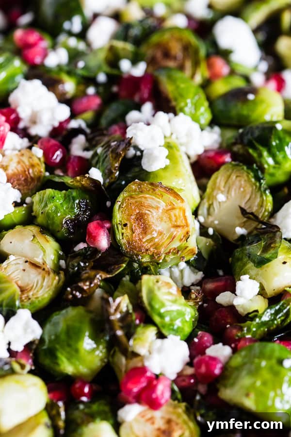 Jeweled Brussels Sprouts with Chèvre and Pomegranate 3 A close-up shot of roasted Brussels sprouts, adorned with ruby-red pomegranate arils and creamy white goat cheese crumbles, highlighting the dish's vibrant colors.