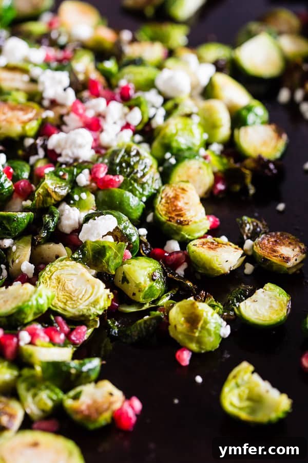Jeweled Brussels Sprouts with Chèvre and Pomegranate 4 Freshly trimmed and halved Brussels sprouts, glistening with olive oil, salt, and pepper, ready for roasting on a baking sheet.