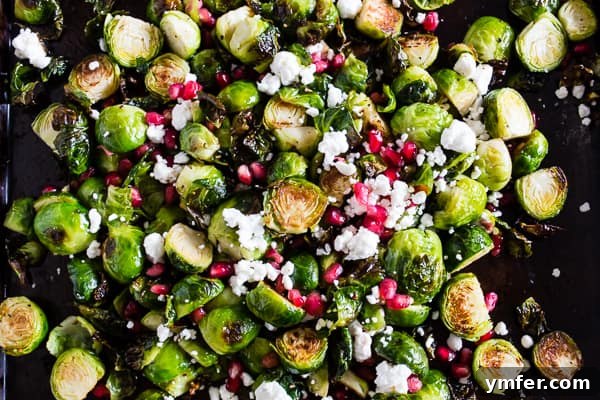 Jeweled Brussels Sprouts with Chèvre and Pomegranate 5 A vibrant serving of roasted Brussels sprouts, pomegranate seeds, and goat cheese in a bowl, showcasing the festive colors and appealing texture.