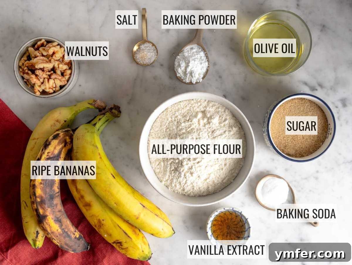 Homemade Banana Walnut Bliss 5 A vibrant display of fresh bananas, walnuts, flour, and other core ingredients laid out for making banana nut bread.