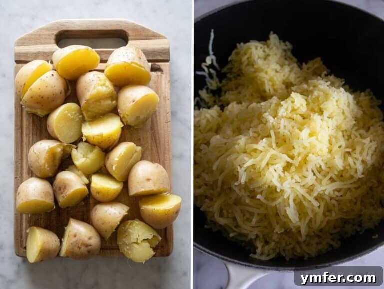 Velvety Garlic Potatoes 12 Boiled potatoes mashed into a potato ricer.