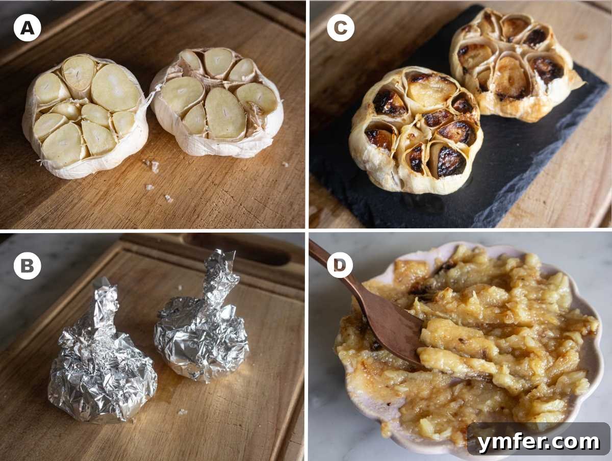 Velvety Garlic Potatoes 5 Step-by-step image showing how to roast a head of garlic and then mash the soft cloves into a creamy paste.