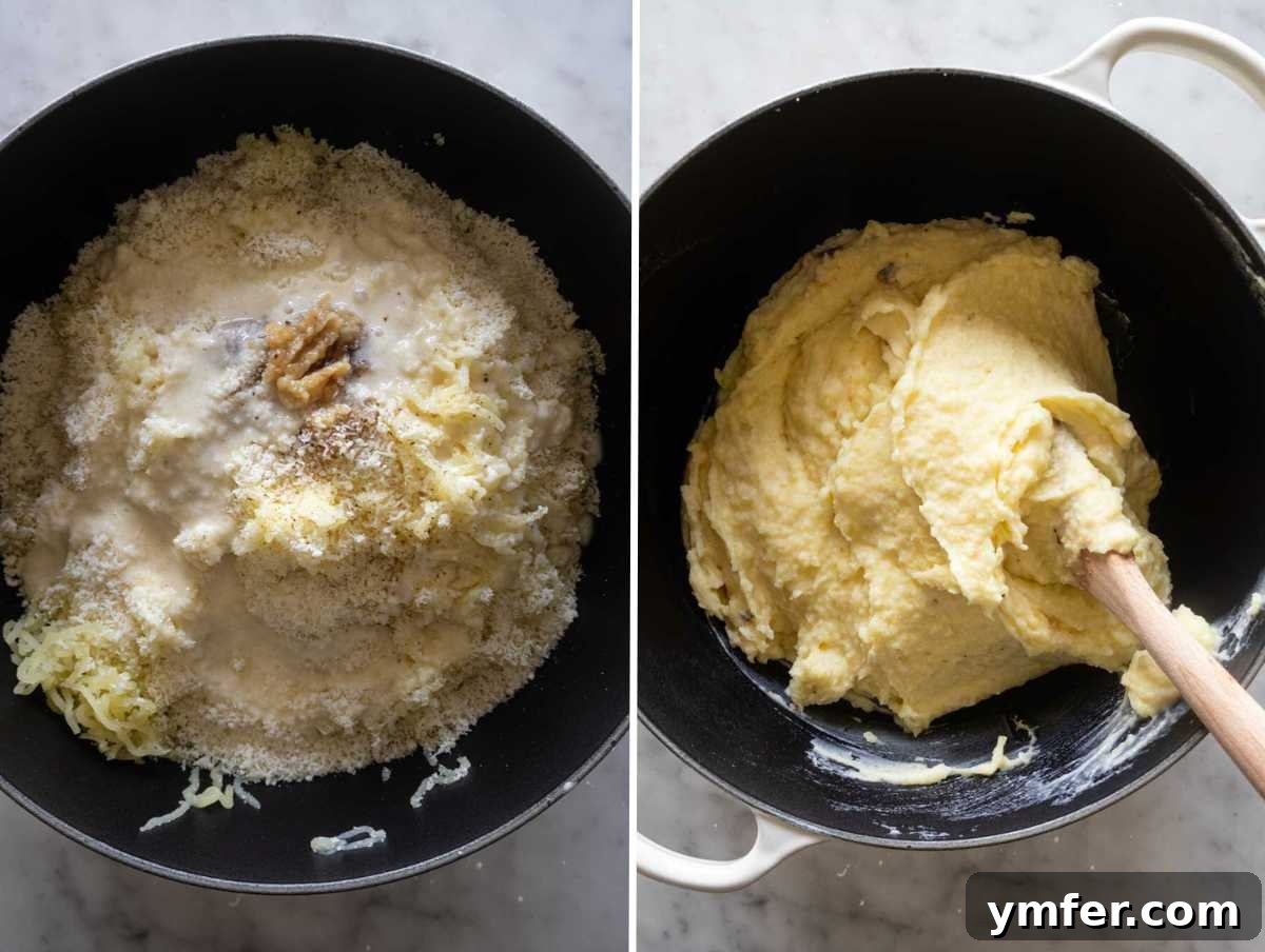 Velvety Garlic Potatoes 7 A close-up of riced mashed potatoes being mixed with roasted garlic, melted butter, heavy cream, and grated Parmesan cheese in a large pot.