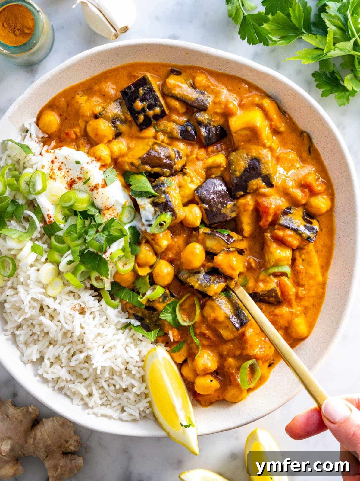 Aubergine Delight 2 Eggplant curry with basmati rice and a hand holding a spoon.