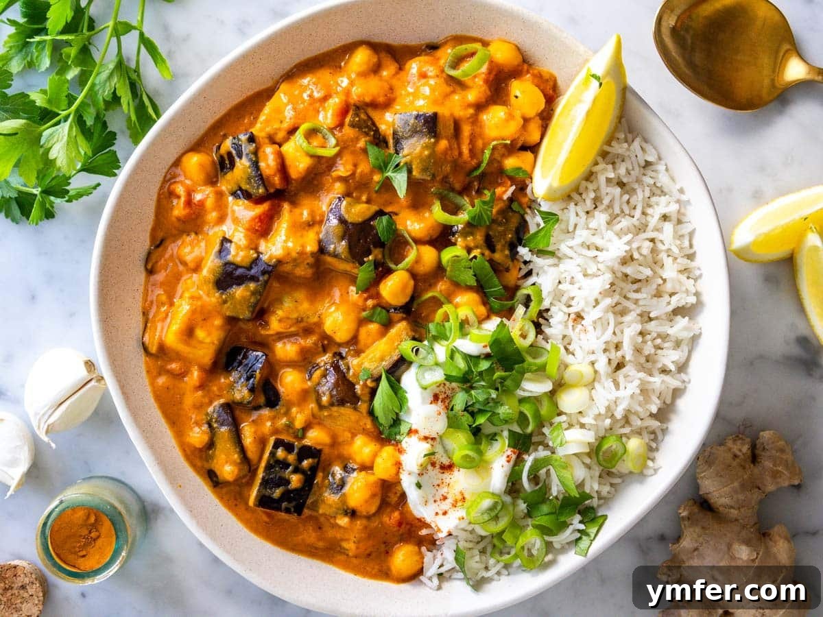 Aubergine Delight 11 Eggplant curry served with basmati rice, yogurt, lemon juice, and cilantro.