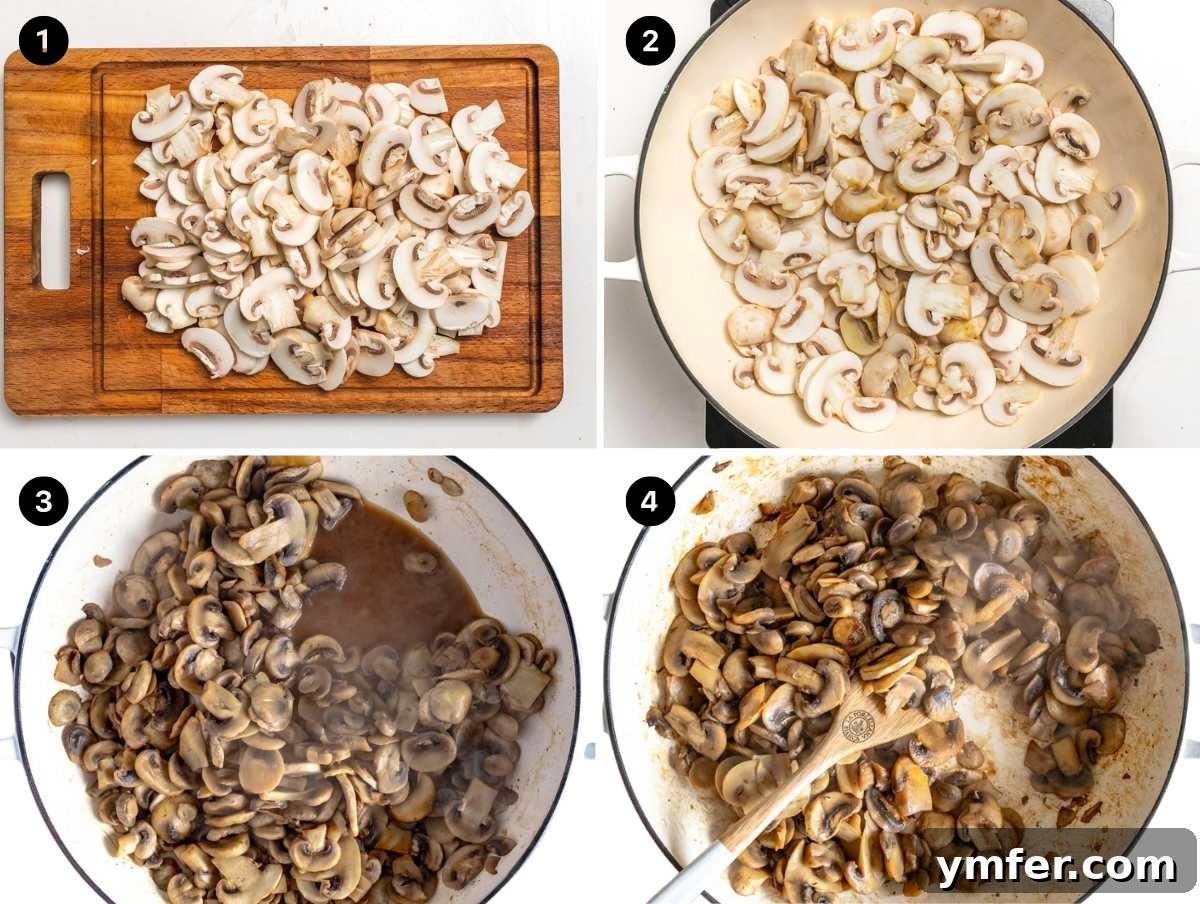 Sauteed mushrooms cooking in a skillet with garlic and parsley for hummus pasta.