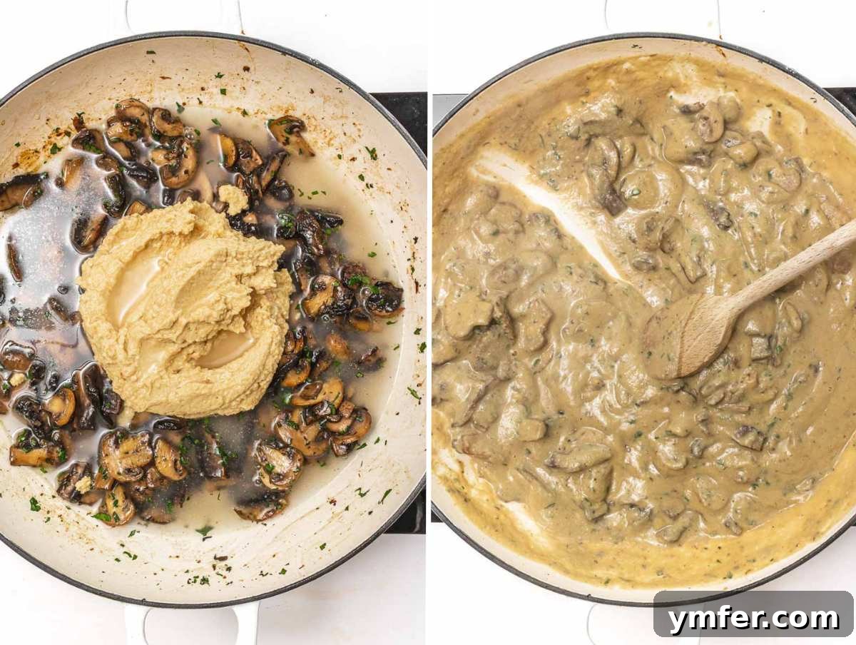 Adding hummus to sautéed mushrooms in a skillet, creating the creamy sauce.