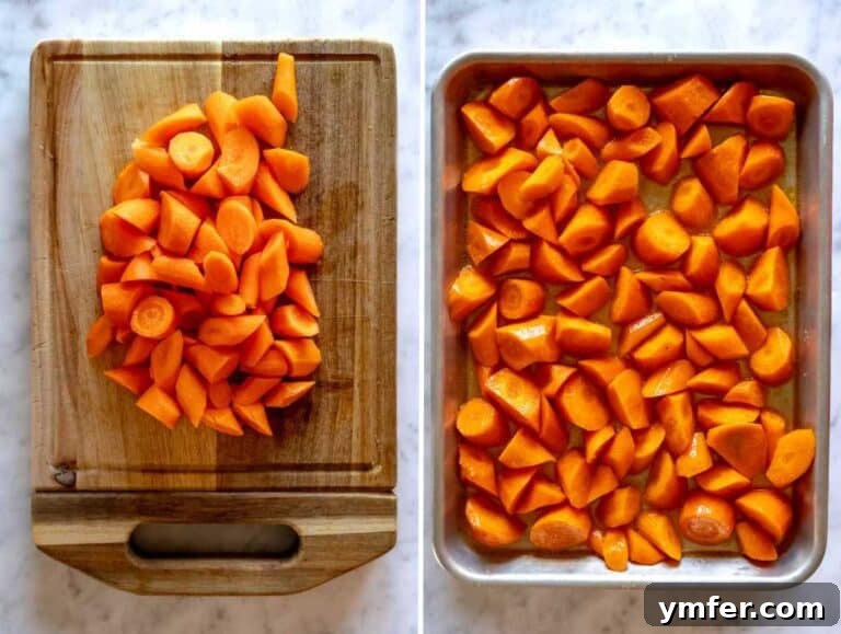 Fiery Honey Glazed Roasted Carrots 10 Chopped carrots on cutting board and on baking tray after pre-baking.