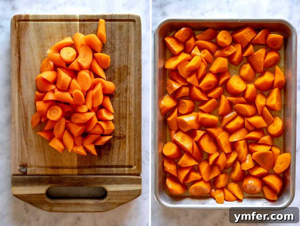 Fiery Honey Glazed Roasted Carrots 5 Chopped carrots on a cutting board, then spread evenly on a baking tray with water after the initial pre-baking stage.