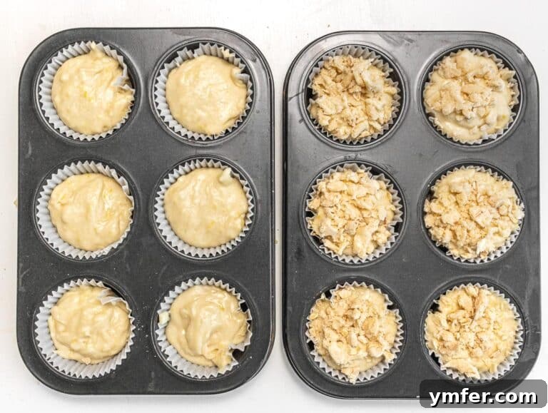 muffin pan filled with batter and streusel