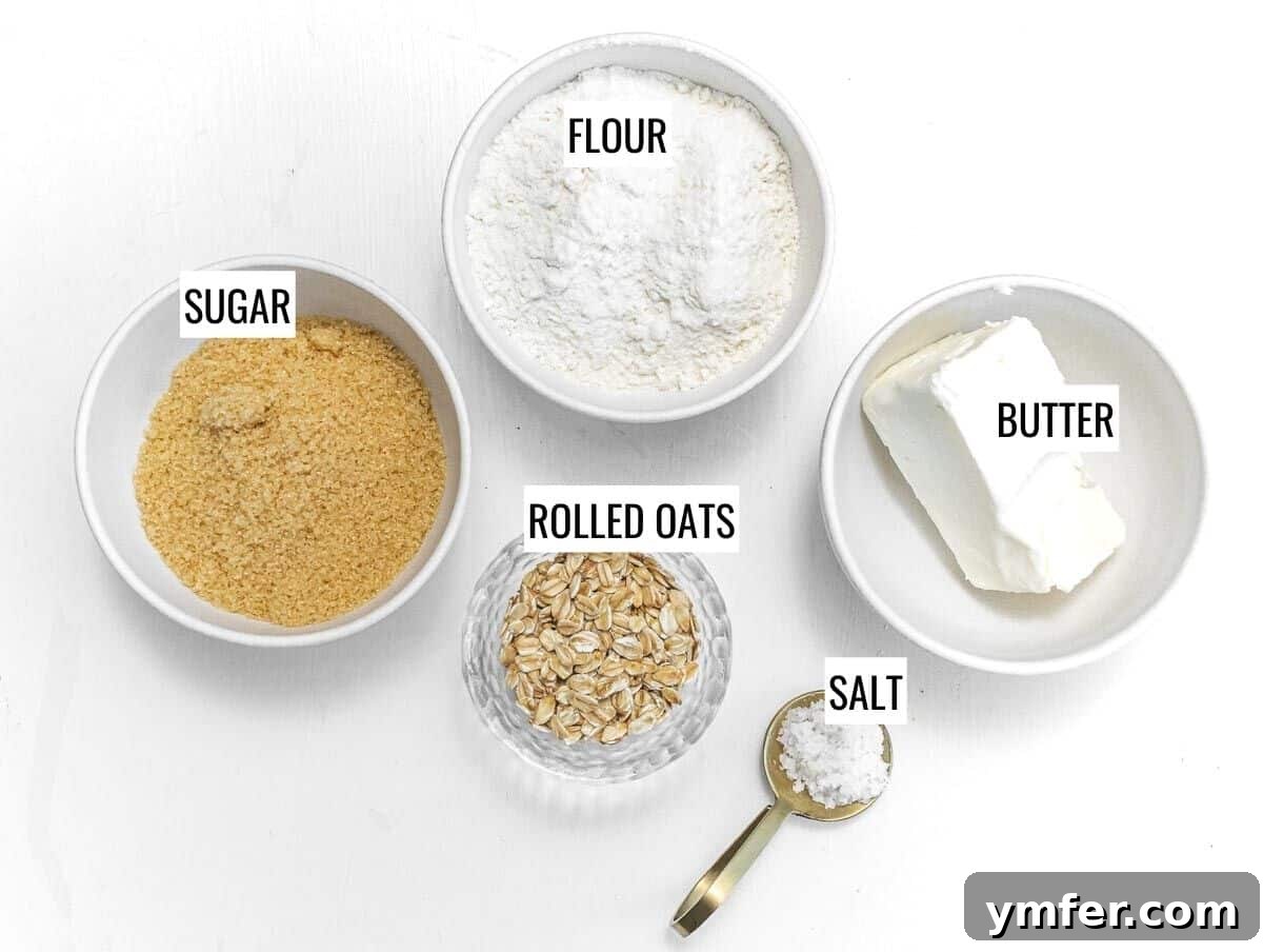 Ingredients for streusel topping including flour, sugar, oats, and butter.