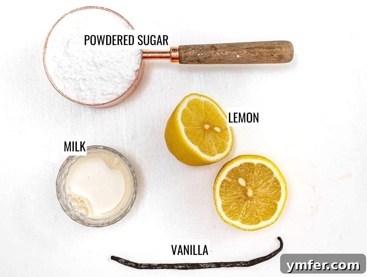 Ingredients for a light lemon glaze including powdered sugar, vanilla, milk, and lemon juice.