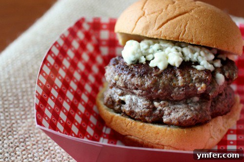 Blue cheese and bacon stuffed hamburger by Nutmeg Nanny Blue Cheese and Bacon Stuffed Hamburger, a perfect Super Bowl treat by Nutmeg Nanny