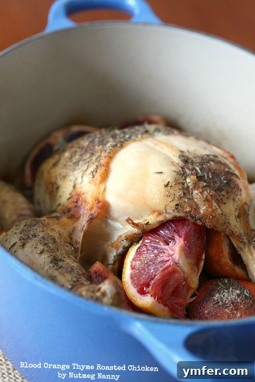 A beautifully roasted whole chicken, golden brown with crispy skin, garnished with vibrant blood orange slices and fresh thyme sprigs. The chicken is presented on a rustic platter, suggesting a warm and inviting meal.