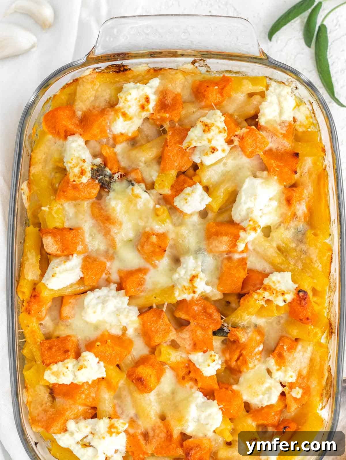 Golden Harvest Pumpkin Pasta 2 A beautifully plated pumpkin pasta bake garnished with fresh sage leaves, ready to be served, highlighting its rich, creamy texture and golden crust.