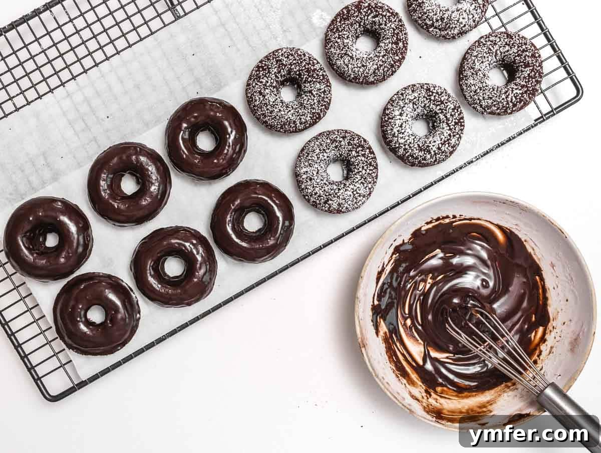 Decadent Chocolate-Coated Doughnuts 10 Chocolate glaze in a bowl and donuts