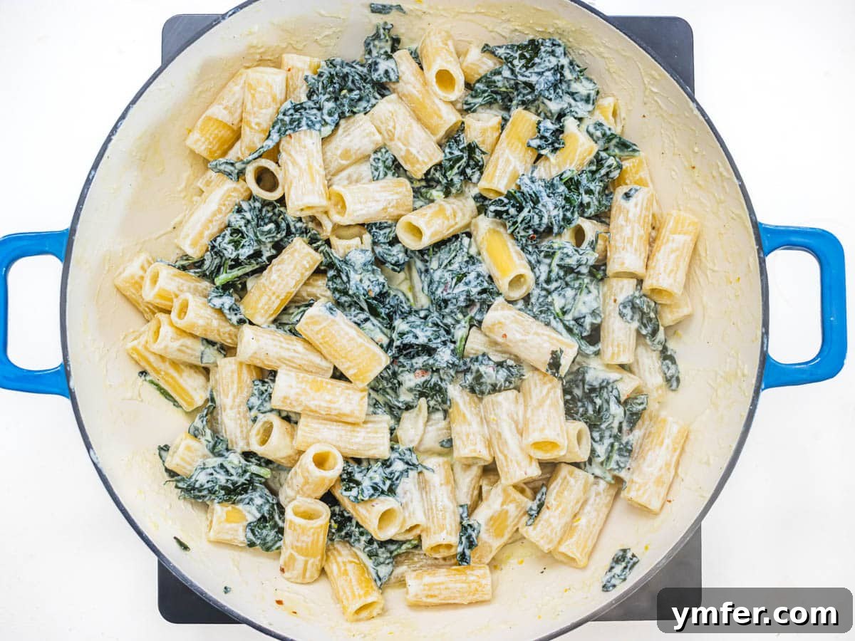 Royal Spire Sweet 11 Rigatoni pasta mixed with creamy ricotta sauce and kale leaves in a skillet