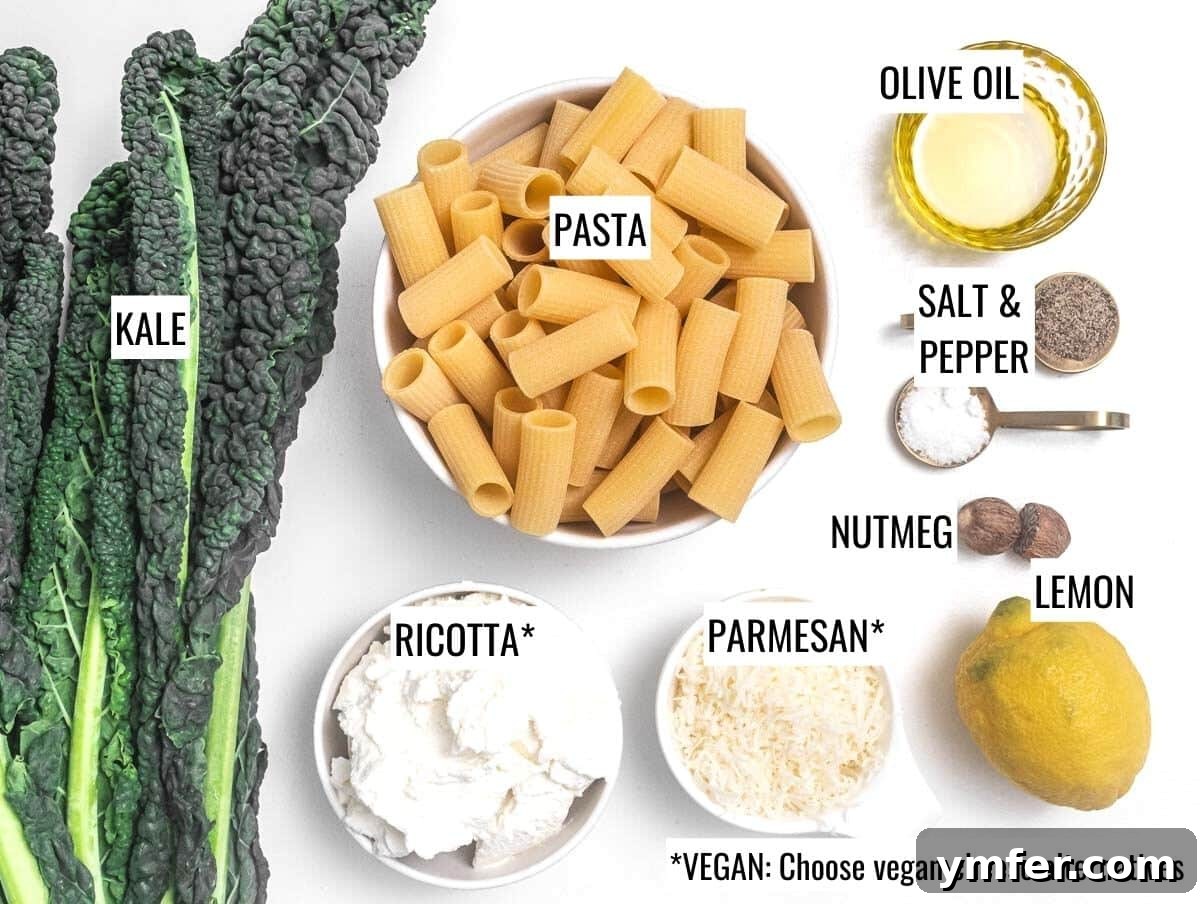 Royal Spire Sweet 4 Assortment of fresh ingredients for kale pasta, including kale, lemon, ricotta, and parmesan.