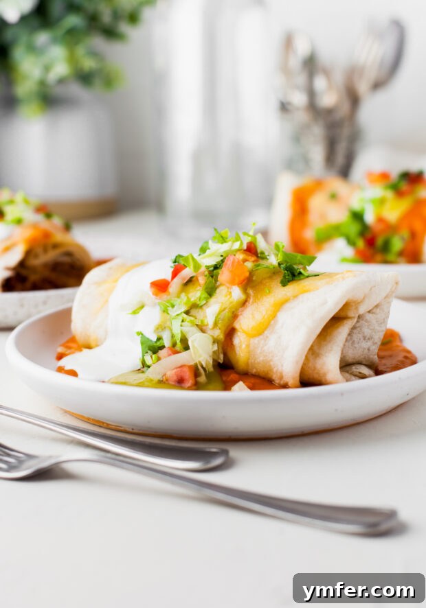 Richly Sauced Burritos 4 Smothered Burritos on a plate topped with cheese and lettuce.