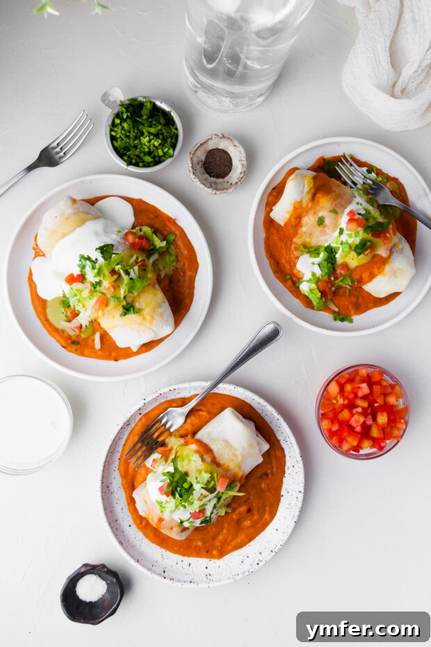 Richly Sauced Burritos 5 Smothered Burritos on a plate with extra sauce.