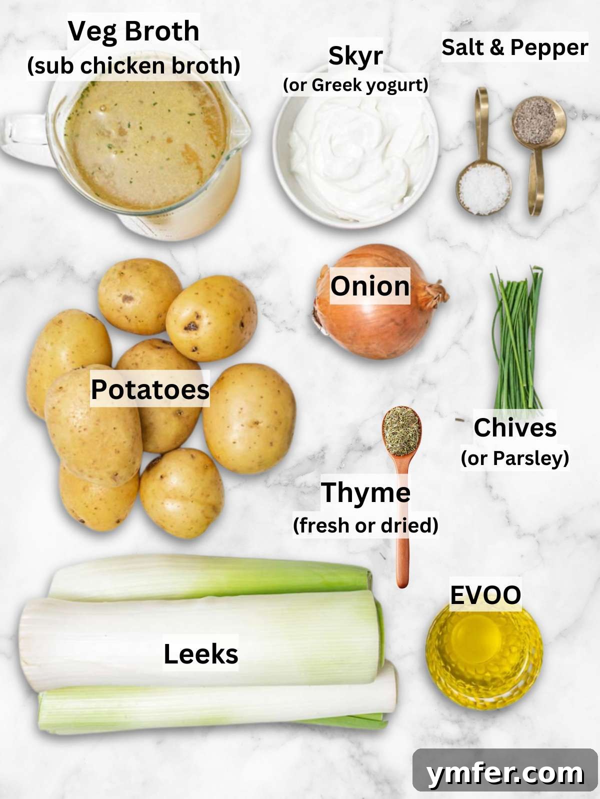 Naturally Creamy Potato Leek Soup with Skyr 3 Ingredients for creamy potato leek soup with skyr including leeks potatoes onion and herbs.