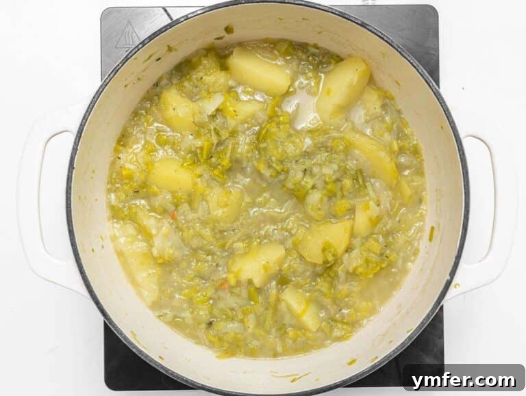 Naturally Creamy Potato Leek Soup with Skyr 10 Step 2 Chopped potatoes simmering in broth with herbs in a soup pot.