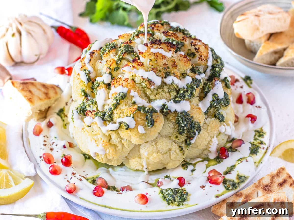 Glorious Whole Roasted Cauliflower 3 Whole roasted cauliflower with chermoula and drizzle of tahini sauce