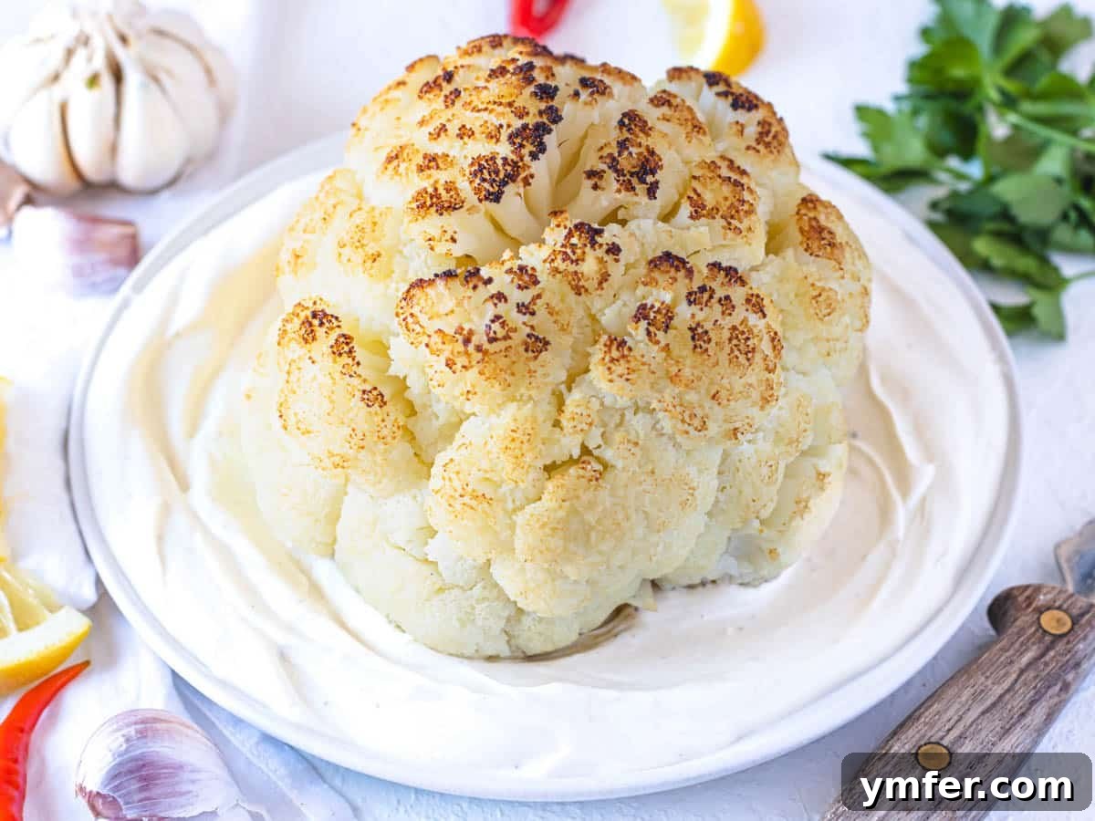 Glorious Whole Roasted Cauliflower 9 baked whole cauliflower of yogurt tahini sauce