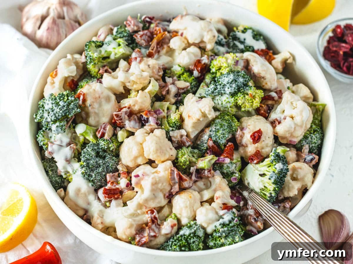 Quick & Delicious: 20 Easy Broccoli Recipes 11 A refreshing broccoli cauliflower salad served with a silver spoon, perfect for a light and healthy meal.