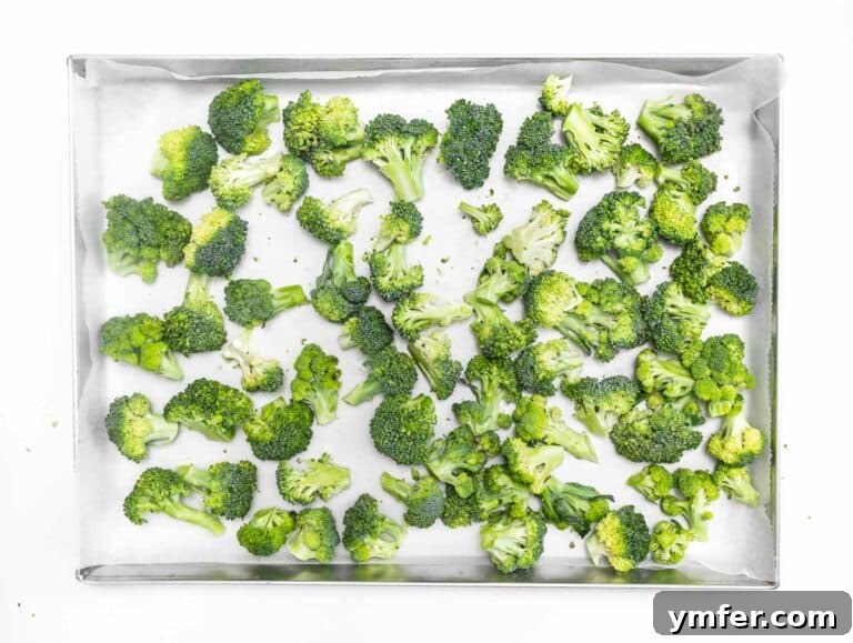 Quick & Delicious: 20 Easy Broccoli Recipes 22 Broccoli florets seasoned and spread on a baking tray for roasting.