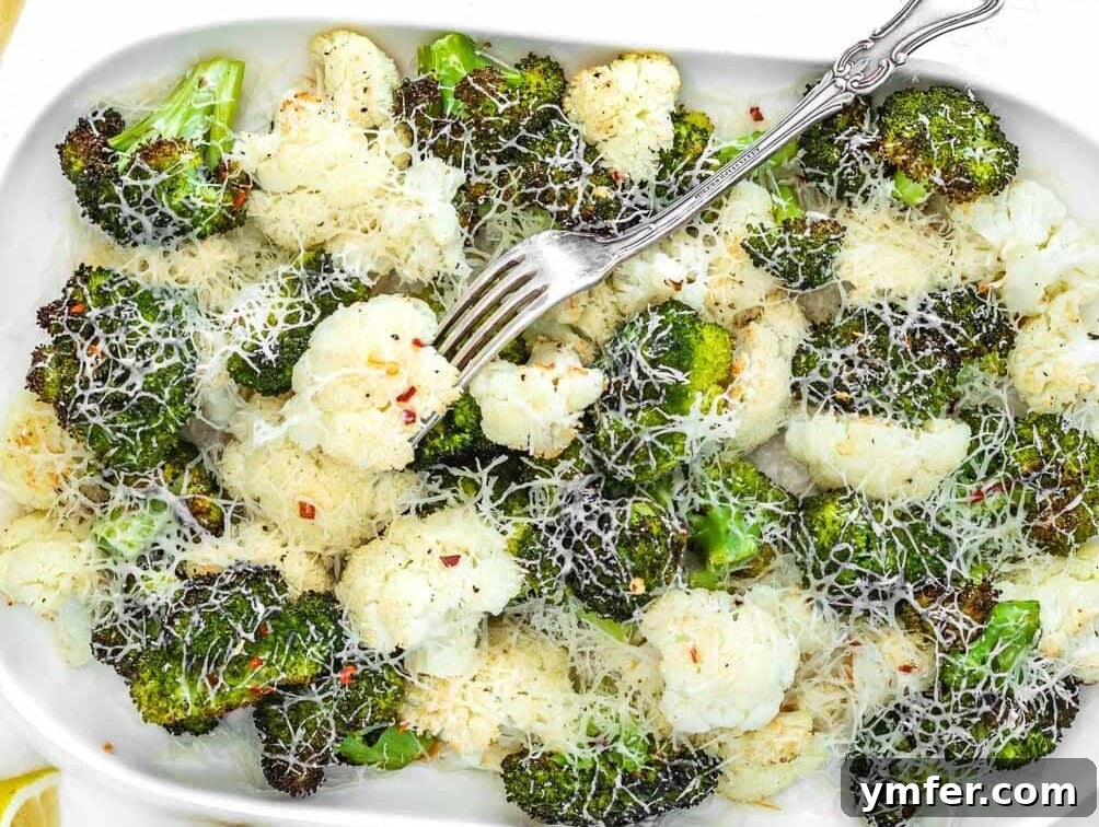 Quick & Delicious: 20 Easy Broccoli Recipes 6 A tempting platter of roasted broccoli and cauliflower, lightly seasoned and garnished with cheese.