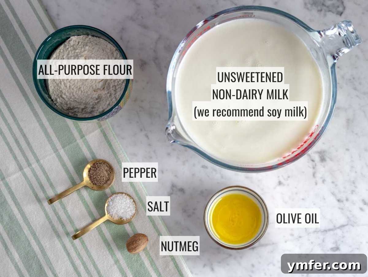 Luscious Vegan Cream Sauce 3 Organized ingredients for making vegan white sauce, including flour, olive oil, and non-dairy milk.