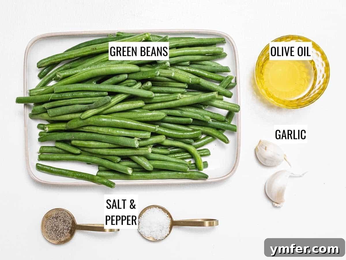 Flavorful Sautéed Green Beans 4 A collection of fresh ingredients laid out on a rustic wooden board, including vibrant green beans, whole garlic cloves, a bottle of olive oil, and small bowls of salt and pepper – essential components for making sautéed green beans.