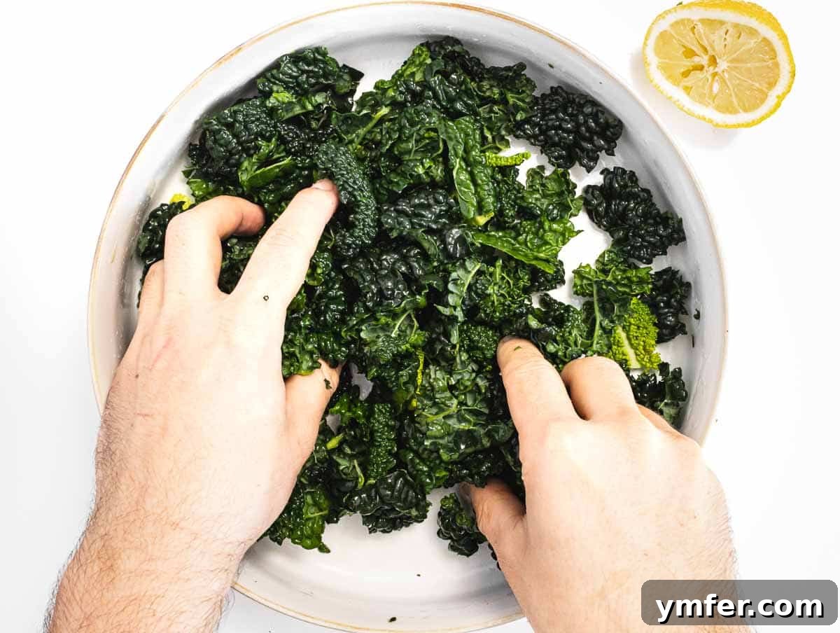 Kale, Simplified 7 Hands gently massaging kale with lemon and salt